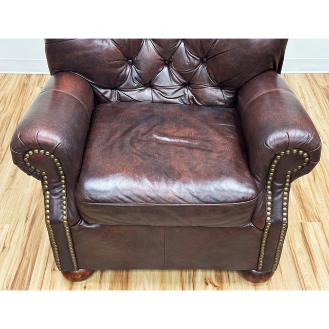 Brown Vintage Tufted Leather Writers Chair With Ottoman For Sale - Image 8 of 18