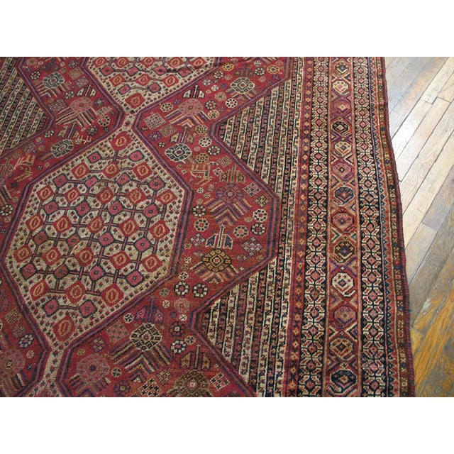 1900s Ivory Red Geometric Tribal Antique Persian Ghashgaie Gallery Rug 6'3" X 11'8" Handknotted Wool Carpet For Sale - Image 10 of 11