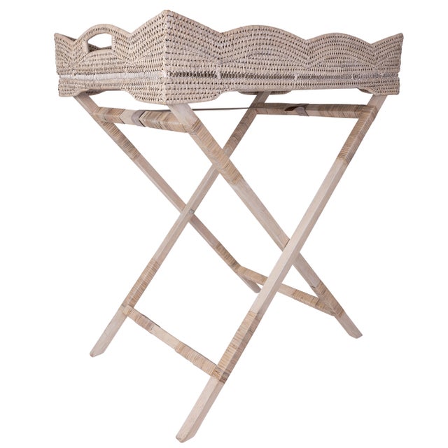 2020s Artifacts Rattan Scallop Design Butler Tray with Wooden Legs, White Wash For Sale - Image 5 of 7