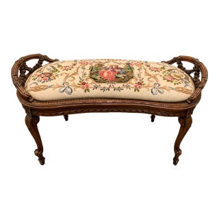 1940s French Provincial Style Tapestry Embroidered Bench or Settee For Sale