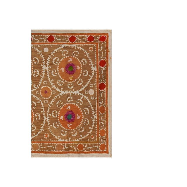 Mid-Century Modern Rustic Spice Tones Suzani - Uzbek Bedspread 7'5'' X 10'2'' For Sale - Image 3 of 14