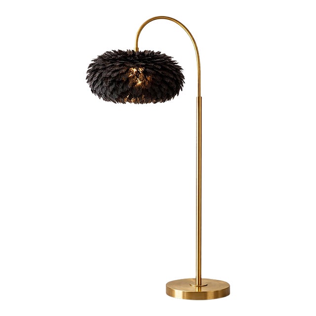 Late 20th Century Dramatic Hollywood Regency Brass Arc Floor Lamp With Black Feather Shade – From a Curated Private Collection For Sale