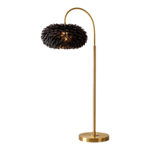 Late 20th Century Dramatic Hollywood Regency Brass Arc Floor Lamp With Black Feather Shade – From a Curated Private Collection