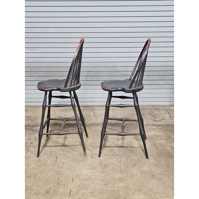 Late 20th Century Pair of Bench Made Black Windsor Chair Tall Stools by David T. Smith of Ohio For Sale - Image 9 of 11