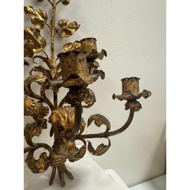 Antique Italian Wall Sconce Candelabra With Gilt Gold Leaf Motif for Five Candles, C. 1920s For Sale - Image 4 of 7