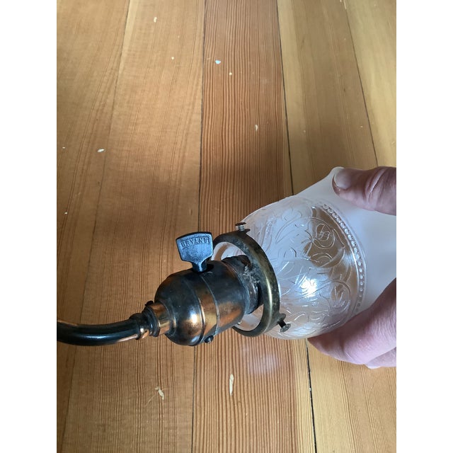 Antique Arts & Crafts Brass 3-Light Chandelier c.1908–1915 | Bryant Sockets | Original Etched Glass Shades For Sale - Image 6 of 7