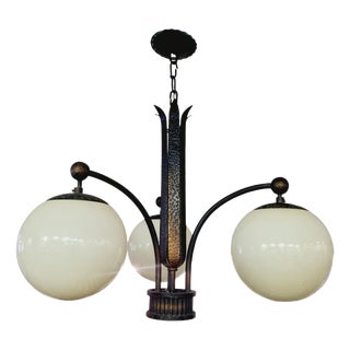 Art Deco 3-Arm Iron Chandelier with Opaline Glass Shades, 1930s For Sale