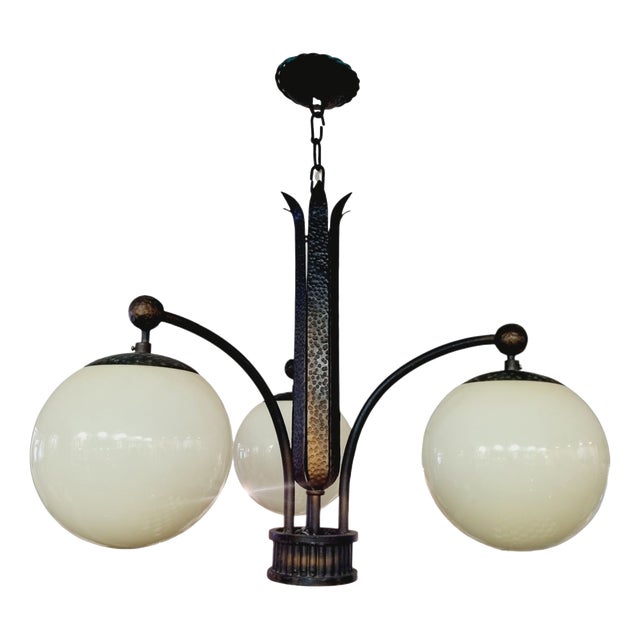 Art Deco 3-Arm Iron Chandelier with Opaline Glass Shades, 1930s For Sale