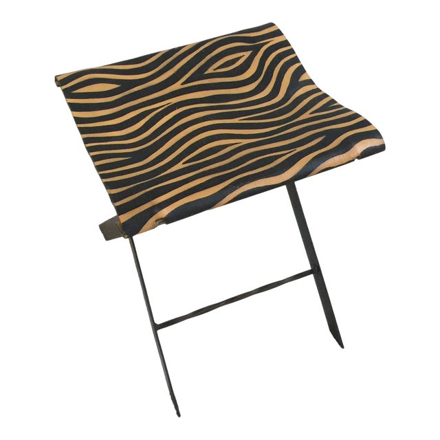 1970s Vintage Animal Print Wrought Iron Camp Stool For Sale