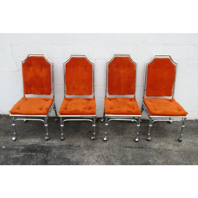 Hollywood Regency Chrome Bamboo Glass Top Dining Dinette Table With 4 Chairs on Casters 6289 For Sale - Image 3 of 18