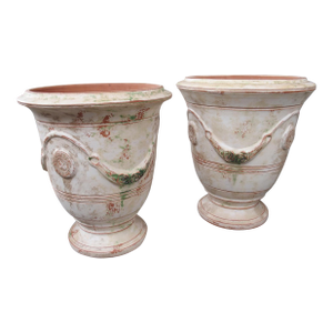 Pair of Handmade and Distressed Traditional Terracotta Vases From Anduze, France