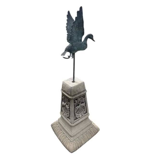 Bronze-Finished Cast Iron Flying Duck Statue on Cast Stone Pedestal For Sale - Image 4 of 12