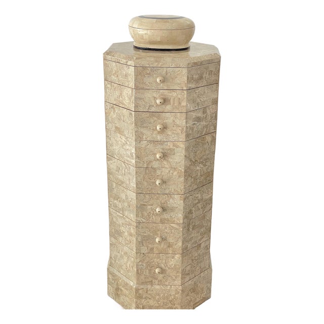 1980s Maitland-Smith Tessellated Fossil Stone Tall Jewelry Chest With Matching Box For Sale