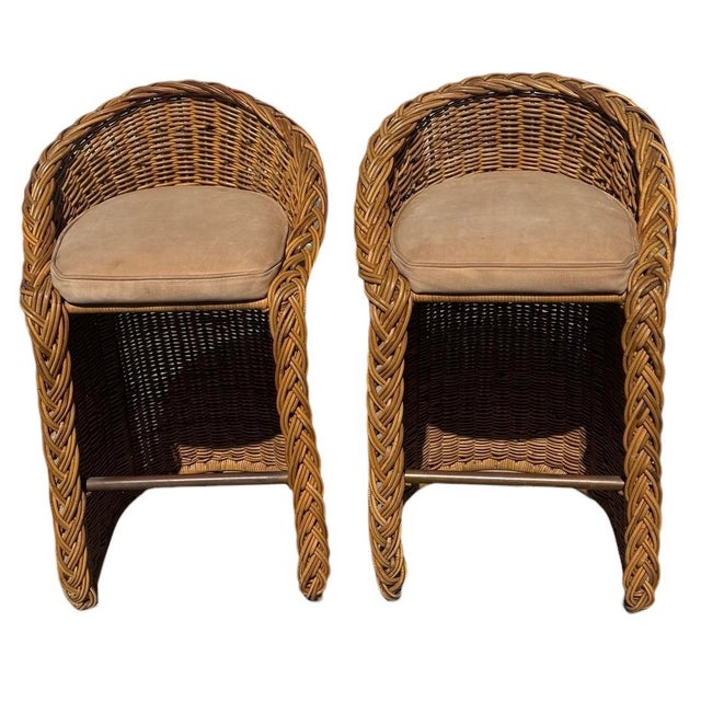 Tan Pair Vintage Braided Rattan Counter Height Bar Stools For Sale - Image 8 of 9
