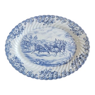 Vintage Mid-Century Modern Johnson Brothers Coaching Scenes Blue Oval Platter For Sale