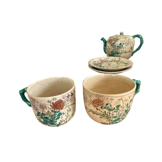 Vintage Japanese Satsuma Style Tea Set Hand Painted Floral Crackle Glaze Green Handles - Set of 7 For Sale In West Palm - Image 6 of 12