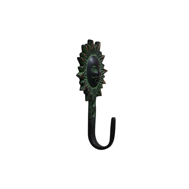 Folk Art Bohemian Sun Green Brass Wall Hooks - Set of 4 For Sale - Image 3 of 5