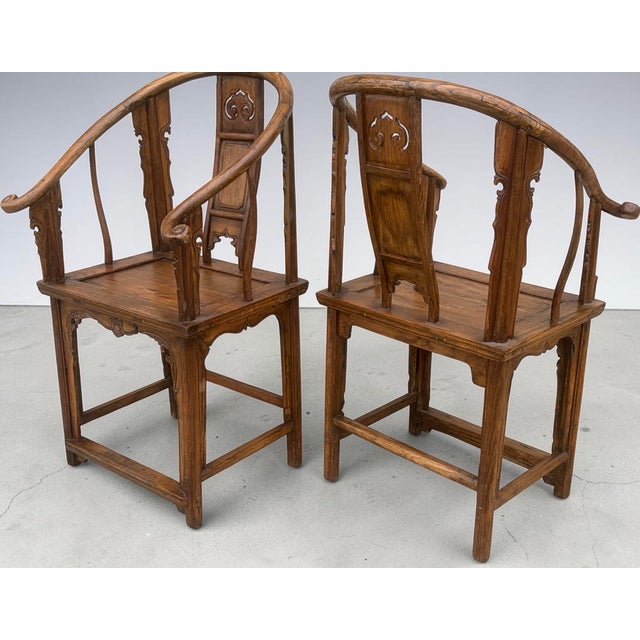 Wood Pair Fine Antique Carved Chinese Horseshoe Lounge Chairs For Sale - Image 7 of 12