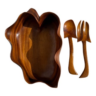 Vintage Teak Oak Leaf Salad Bowl With Tongs For Sale