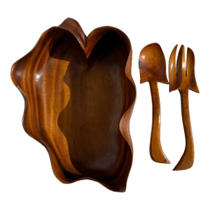 Vintage Teak Oak Leaf Salad Bowl With Tongs