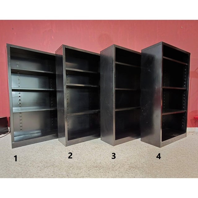Vintage MCM Industrial Black Steel Tanker Bookcases Book Shelves W/ Adjustable Shelves, Set of 4 For Sale - Image 18 of 18