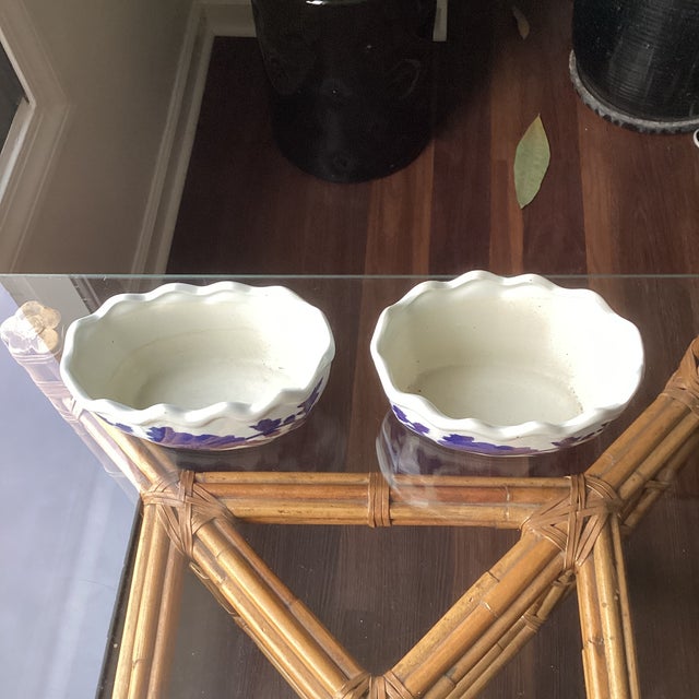 Mid 20th Century Mid 20th Century Pair of Italian Blue & White Porcelain Scalloped Cachepots For Sale - Image 5 of 7