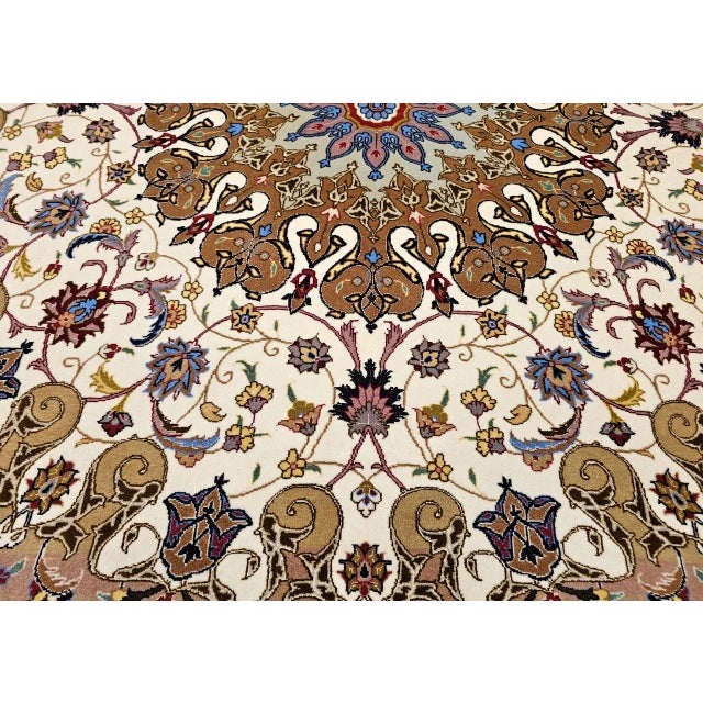 Vintage Persian Tabriz Square Area Rug, Hand-Knotted Wool & Silk, Fine Medallion Floral Pattern, Ivory & Brown, 7x7 For Sale - Image 12 of 16