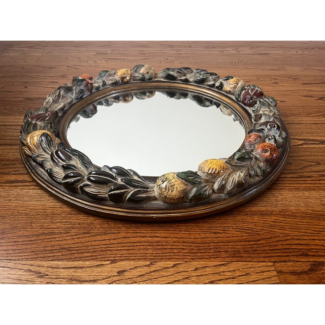 Brown Vintage La Barge Hand-Carved & Hand-Painted Italian Fruit Motif Beveled Round Wall Mirror, 30⅛" For Sale - Image 8 of 12