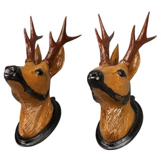 Carved Roe Deer Heads Wall Mounts, Germany, 1930s, Set of 2 For Sale