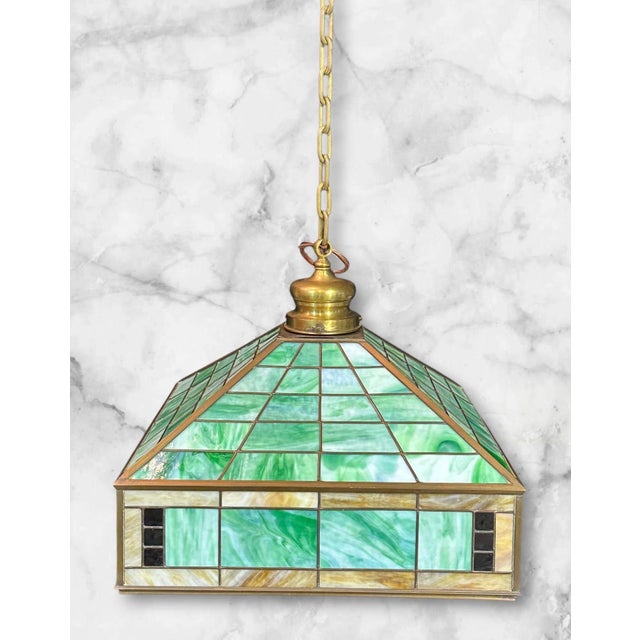 Green 1930s Arts & Crafts Pendant Light With Green Glass For Sale - Image 8 of 14