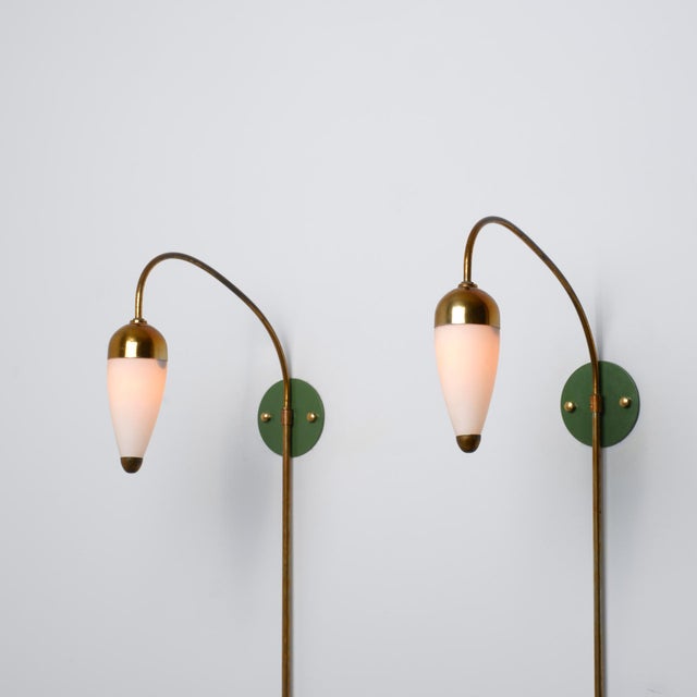 Vintage Italian Wall Sconces in Green Lacquered Brass and Opaline Glass, 1950s, Set of 2 For Sale - Image 9 of 10