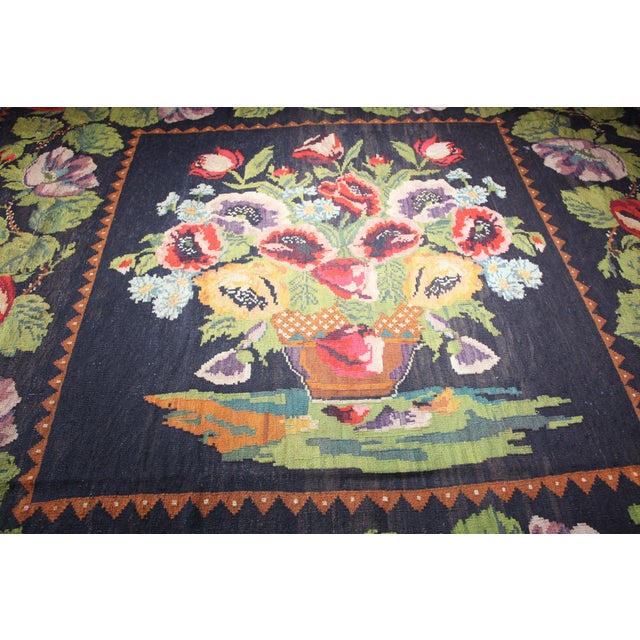 Dark Green Vintage Moldovan Floral Kilim With Central Vase Bouquet – Handwoven Eastern European Flatweave Square Kilim - 8' 8'' X 9' 2'' For Sale - Image 8 of 11