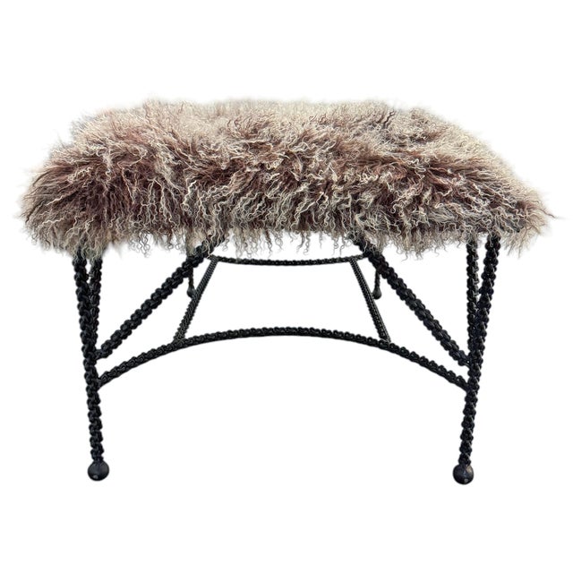 Early 21st Century Paul Ferrante Wrought Iron Ottoman With Curly Wool Upholstery For Sale - Image 5 of 12