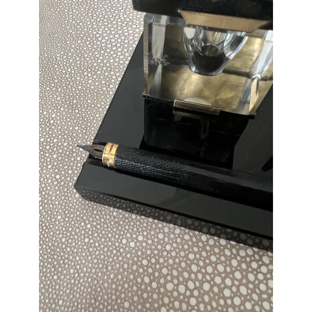 Black Glass Ink Well with Brass Accents, Crystal Wells and Dipping Pen For Sale - Image 9 of 12