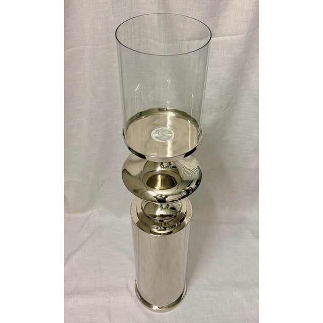 Early 21st Century Tall Nickel-Plated Metal & Clear Glass Candle Stand | 49” Floor Hurricane Candle Holder For Sale - Image 5 of 5