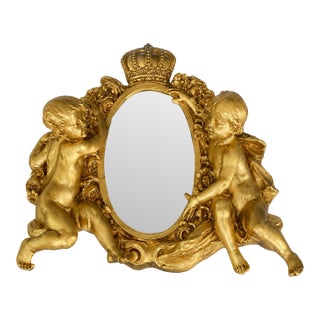 Restored Vintage 1960s Cherub Wall Mirror – Faux Gold Leaf Finish, Epoxy Resin Frame, Crown & Putti Design For Sale