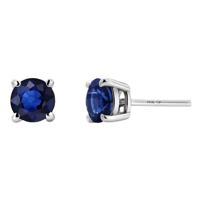 Matched Pair Round Sapphire 1.65 Carat 14 Karat White Gold 0.23 Inch Wide Stud Earrings - 2 Pieces For Sale