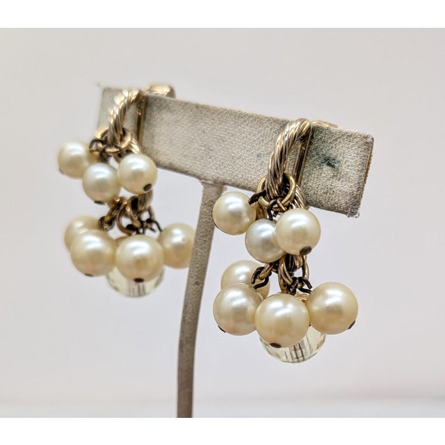 Mid-Century Modern Vintage 1960s Signed Napier Faux-Citrine & Pearl Drops Clip Earrings-2 Pieces For Sale - Image 3 of 8