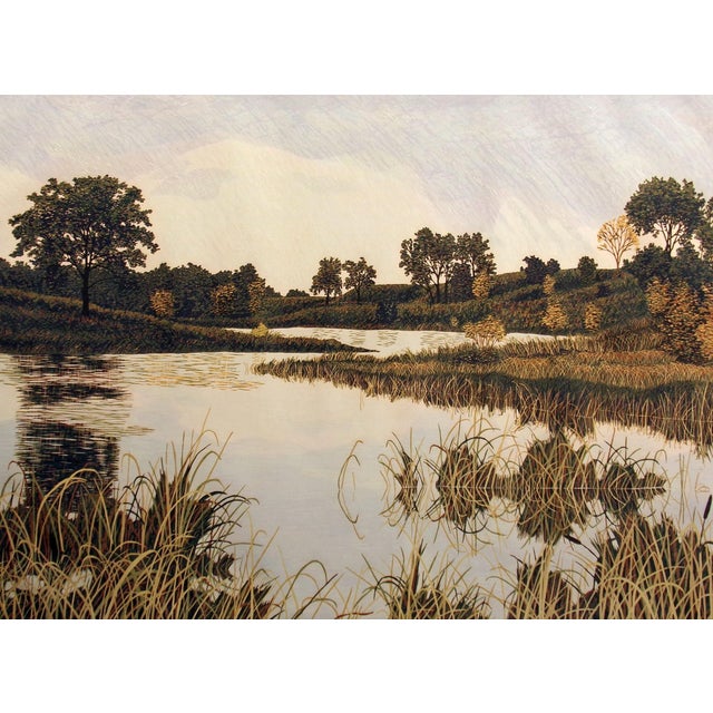 Impressionist Gordon Mortensen "Autumn Sunset" Signed Woodcut Reduction Art Lake Landscape For Sale - Image 3 of 6