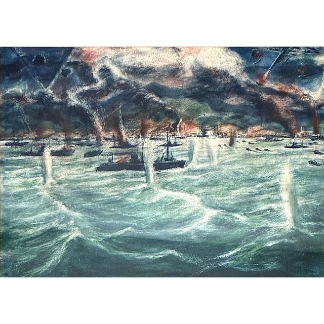 A stunning depiction of a full-on naval battle at night, this watercolor is an expressive work consistent with the...