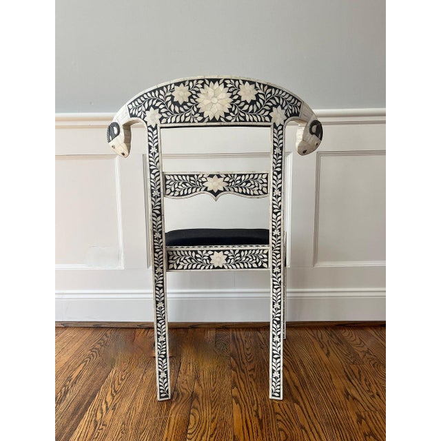 Early 20th Century Set of 4 Anglo-Indian style, bone inlay, ram's head dining chairs For Sale - Image 4 of 11