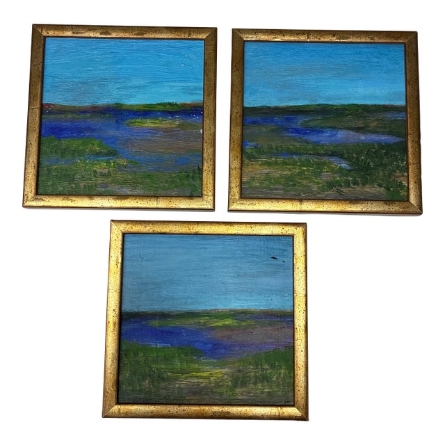 Late 20th Century Coastal Marsh Landscape Paintings With Custom Framing Wood Gold - Set of 3 Unknown Artist For Sale