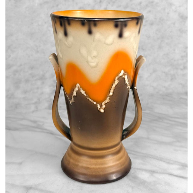 Mid 20th Century Mid-Century Art Deco Czech Pottery Orange Brown Mountain Glazed Vase For Sale - Image 5 of 9