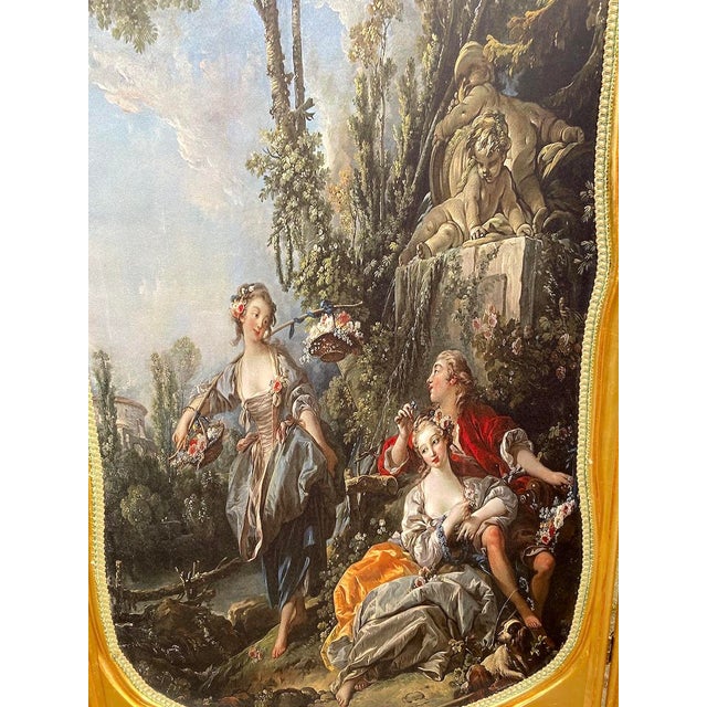 20thC French Louis XVI Gold Beech Scenic Room Divider Screen - 3 Panels For Sale - Image 6 of 18