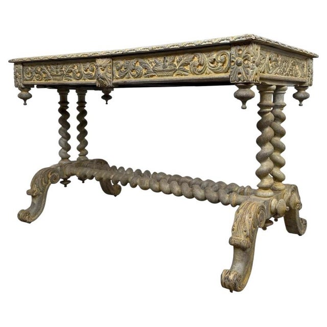 Antique Victorian Oak Writing Table with Carved Decoration For Sale - Image 10 of 11