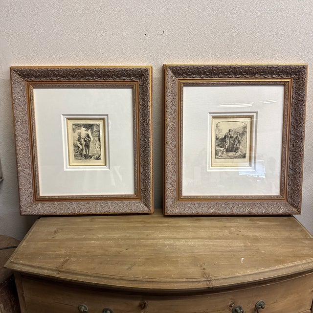 1980s Rembrandt Van Rijn Etching of Abraham and Isaac by the Dutch Master, Created in 1645. Framed Print Gold Frame a Deep Dimensional Linen. Mat For Sale - Image 5 of 12
