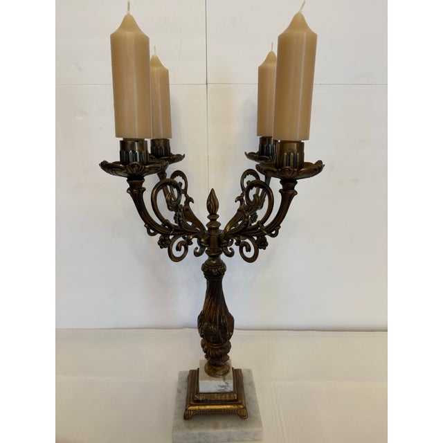 Vintage 4 Arm Brass Candelabra Mounted on Square White Marble Base For Sale - Image 4 of 5