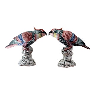 Large Late 20th Century Mottahedeh Italian Hand Painted Porcelain Parrots - A Pair For Sale