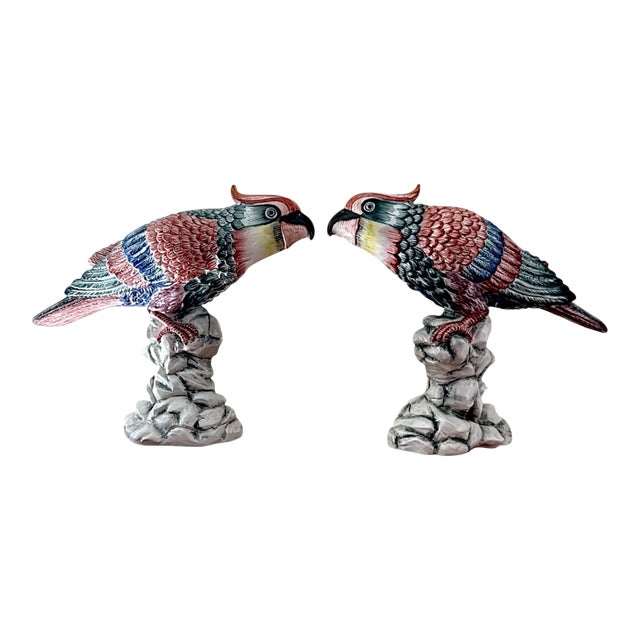 Large Late 20th Century Mottahedeh Italian Hand Painted Porcelain Parrots - A Pair For Sale
