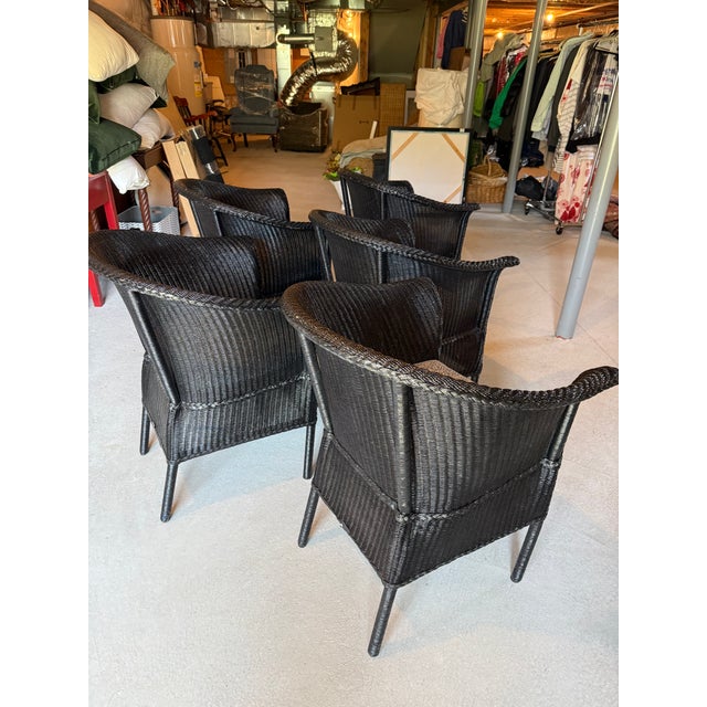 Gorgeous set of 5 black Lamberts wicker arm chairs with custom Perennials seat cushion in a blue and white diamond...